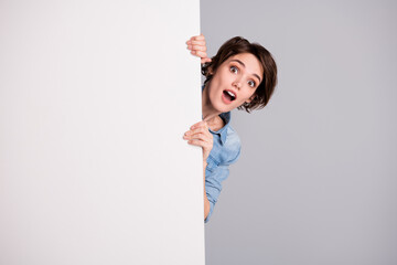 Photo of funny pretty cheerful lady holding hands empty paper poster proposing buy advert place...