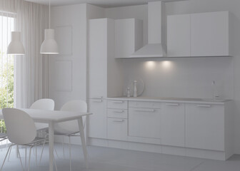 Fototapeta na wymiar Kitchen interior in a modern style. Gray interior. 3D rendering.