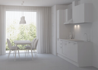 Kitchen interior in a modern style. Gray interior. 3D rendering.