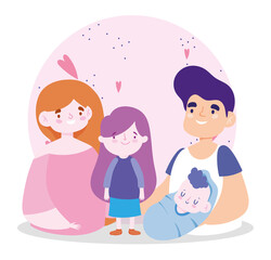 father mother little daughter and baby, family day