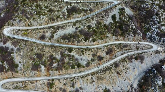 Zigzag road on Vikos Gorge, aerial view down