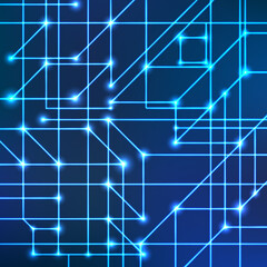 Vector background of bright neon lines with intersection nodes. Data transmission concept of networks and neural networks. Geometric pattern of squares of cubes and triangles.