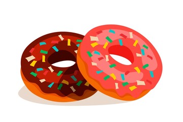 Sweet chocolate donuts isolated on white background. Glossy doughnut cakes with colorful decoration on glaze cream. Glazed sugar ring. Tasty pastry. Vector Confectionary and bakery shop assortment.