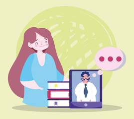 online education teacher student girl talking smartphone and books