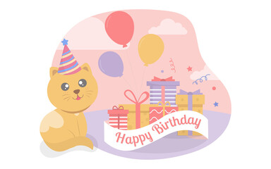 The yellow cat sat beside the gift box and balloons at the birthday party.Vector Illustrator.Party invitation card.Birthday party set cartoon animal.