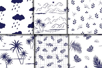 Nature hand drawn collection on monotone blue seamless pattern for decorative,fabric,textile,print or wallpaper