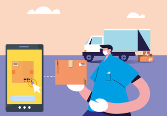 Obraz premium messenger and truck carrying packages through the city with security protocols