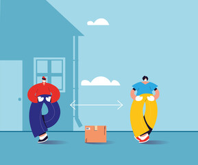 men with masks delivering and receiving secure package