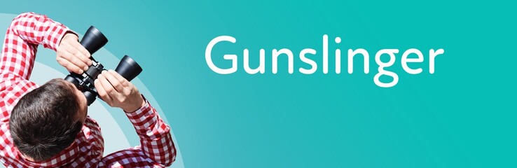 Naklejka premium Gunslinger. Businessman (man) looks through binoculars. Birds eye view. Focus on text. Blue Background. Business, Finance, Statistics, Analysis, Economy