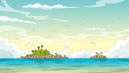 Fototapeta na wymiar Summer landscape with islands, ozean and birds. Vector illustration with separate layers.