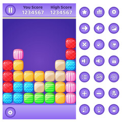 Gui game match 3 block puzzle and buttons set.