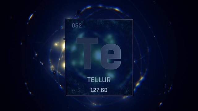 Tellurium as Element 52 of the Periodic Table. Seamlessly looping 3D animation on blue illuminated atom design background orbiting electrons name, atomic weight element number in German language