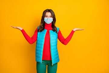 Portrait of her she lovely content healthy girl wearing gauze mask holding on palm copy space...