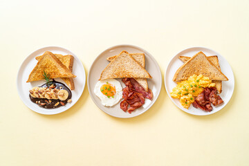 fried egg with bread toasted and bacon, scramble egg with bread toasted and bacon, French toast with banana chocolate almonds