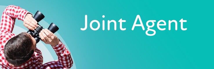 Naklejka premium Joint Agent. Businessman (man) looks through binoculars. Birds eye view. Focus on text. Blue Background. Business, Finance, Statistics, Analysis, Economy
