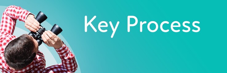 Naklejka premium Key Process. Businessman (man) looks through binoculars. Birds eye view. Focus on text. Blue Background. Business, Finance, Statistics, Analysis, Economy