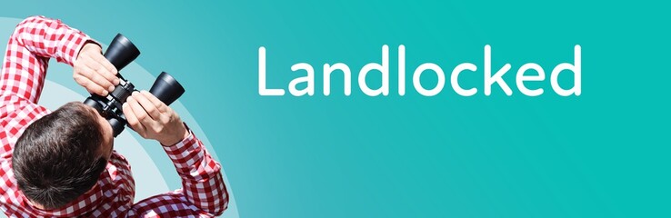 Fototapeta premium Landlocked. Businessman (man) looks through binoculars. Birds eye view. Focus on text. Blue Background. Business, Finance, Statistics, Analysis, Economy