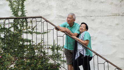 Obraz na płótnie Canvas Happy vacation trip for Asian elderly couple resort wood stair with green vine plant