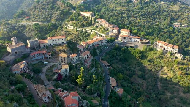 Aerial view of Savoca village in Sicily, Italy. Sicilian village Savoca (known from the Godfather movies). Houses on a hill in Savoca, small town on Sicily in Italy.