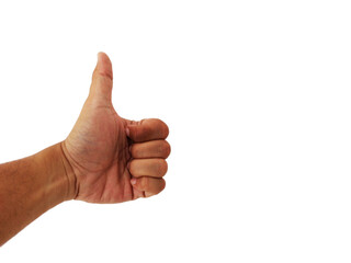 Closeup of male hand showing thumbs up sign against white background