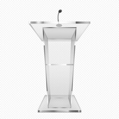Glass pulpit, podium or tribune. Rostrum stand with microphone for conference debates, trophy isolated on transparent background. Business presentation speech pedestal Realistic 3d vector illustration