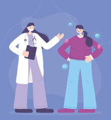 Obraz premium telemedicine, female doctor with medical mask and patient, coronavirus spread, treatment and healthcare