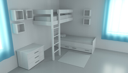 Fototapeta na wymiar 3D rendering children's bedroom for two children. Compact bedding in the interior.