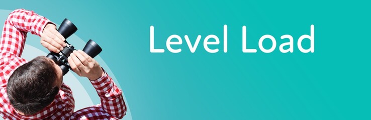 Fototapeta premium Level Load. Businessman (man) looks through binoculars. Birds eye view. Focus on text. Blue Background. Business, Finance, Statistics, Analysis, Economy