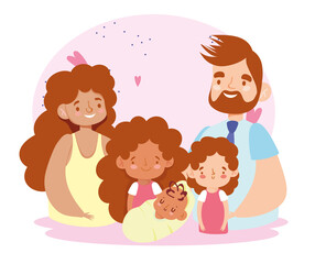 dad mom daughters and baby characters cartoon, family day
