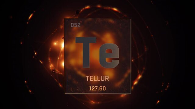 Tellurium as Element 52 of the Periodic Table. Seamlessly looping 3D animation on orange illuminated atom design background orbiting electrons name, atomic weight element number in German language