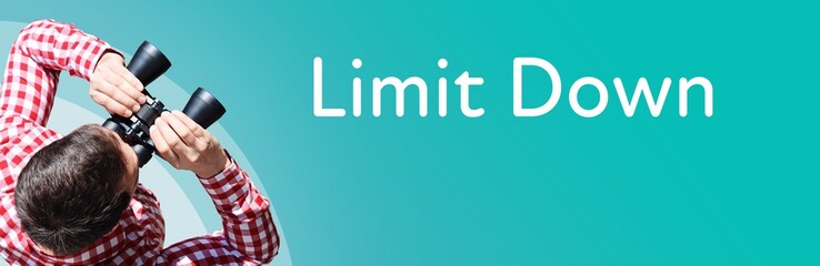 Fototapeta premium Limit Down. Businessman (man) looks through binoculars. Birds eye view. Focus on text. Blue Background. Business, Finance, Statistics, Analysis, Economy