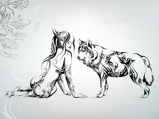 Vector silhouette of a girl with a wolf © nutriaaa