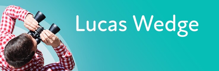 Fototapeta premium Lucas Wedge. Businessman (man) looks through binoculars. Birds eye view. Focus on text. Blue Background. Business, Finance, Statistics, Analysis, Economy