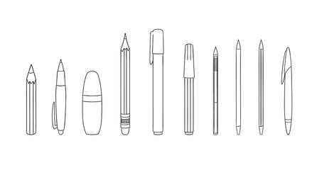Set of pen and pencil line icons. Vector colored stationery, writing materials, office or school supplies isolated on white background. Cartoon style