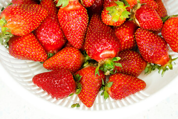 Freshly picked strawberries from the home garden. Natural organic food production. Heap of summer red berries. Homegrown, gardening and agriculture concept. Close up. Soft focus