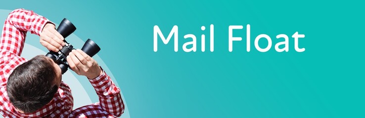 Naklejka premium Mail Float. Businessman (man) looks through binoculars. Birds eye view. Focus on text. Blue Background. Business, Finance, Statistics, Analysis, Economy