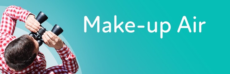 Naklejka premium Make-up Air. Businessman (man) looks through binoculars. Birds eye view. Focus on text. Blue Background. Business, Finance, Statistics, Analysis, Economy