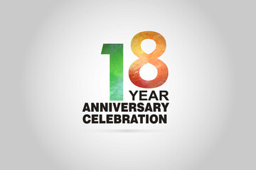 18 year anniversary celebration logotype with watercolor Green and Orange Emboss Style isolated on white background for invitation card, banner or flyer - vector