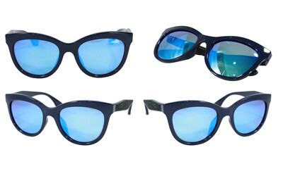 Sunglasses with polarizing blue gradient Mirror Lens isolated on white background. Fashionable...