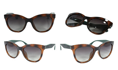Set Summer Sunglasses of black plastic with polarized gradient isolated on white background....