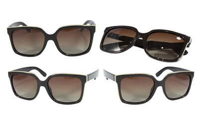 Set Summer Sunglasses of black plastic with polarized gradient isolated on white background....