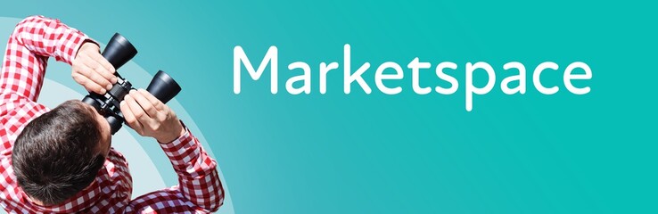Naklejka premium Marketspace. Businessman (man) looks through binoculars. Birds eye view. Focus on text. Blue Background. Business, Finance, Statistics, Analysis, Economy
