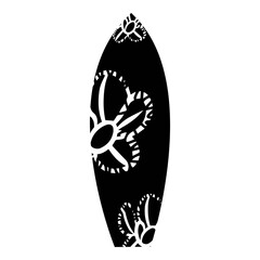 Surf board, summer beach festival, wave conquering. Black silhouette with white doudle flower, isolated on white background, vector.