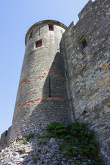 France, Carcassonne— AUGUST 28, 2014. Powerful fortifications and bastions of Carcassonne Castle....