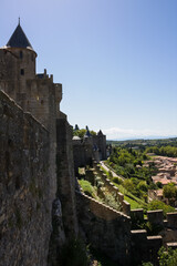 France, Carcassonne— AUGUST 28, 2014. Powerful fortifications and bastions of Carcassonne Castle....