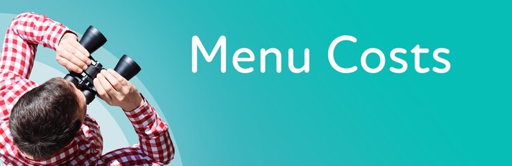 Naklejka premium Menu Costs. Businessman (man) looks through binoculars. Birds eye view. Focus on text. Blue Background. Business, Finance, Statistics, Analysis, Economy