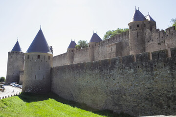 France, Carcassonne— AUGUST 28, 2014. Powerful fortifications and bastions of Carcassonne Castle....