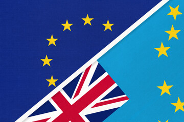 European Union or EU and Tuvalu national flag from textile. Symbol of the Council of Europe association.