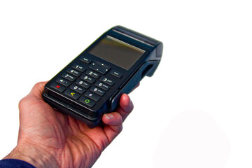 Hand is holding a redit card payment terminal on blank background.