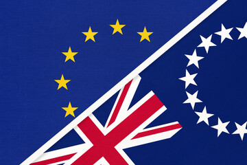 European Union or EU and Cook Islands national flag from textile. Symbol of the Council of Europe association.